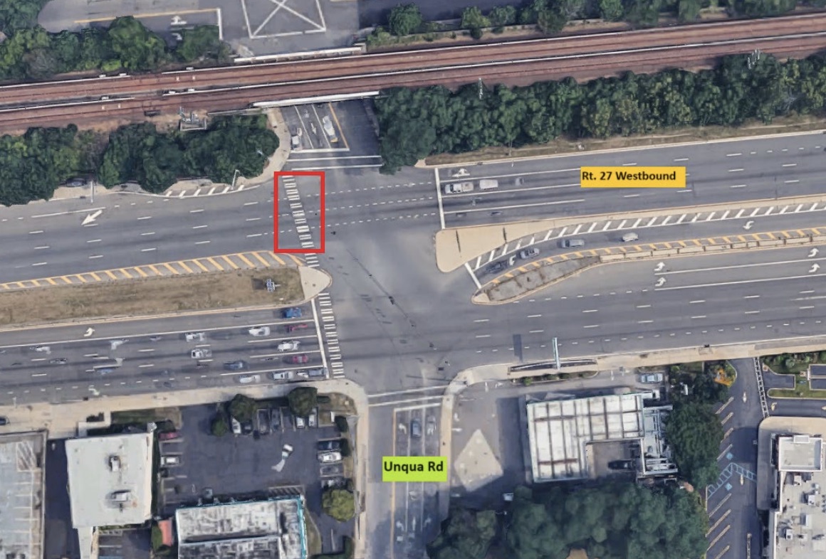 Google Map photograph of intersection. Red box shows the pedestrian walkaway where the collision occurred.