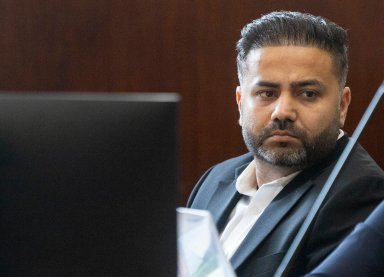 Amandeep Singh watches as police body cam video is played during a hearing at the Nassau County Courthouse on July 15, 2024 in Mineola, New York. Singh is charged in the fatal DWI crash that killed two Roslyn teens, Drew Hassenbein and Ethan Falkowitz.