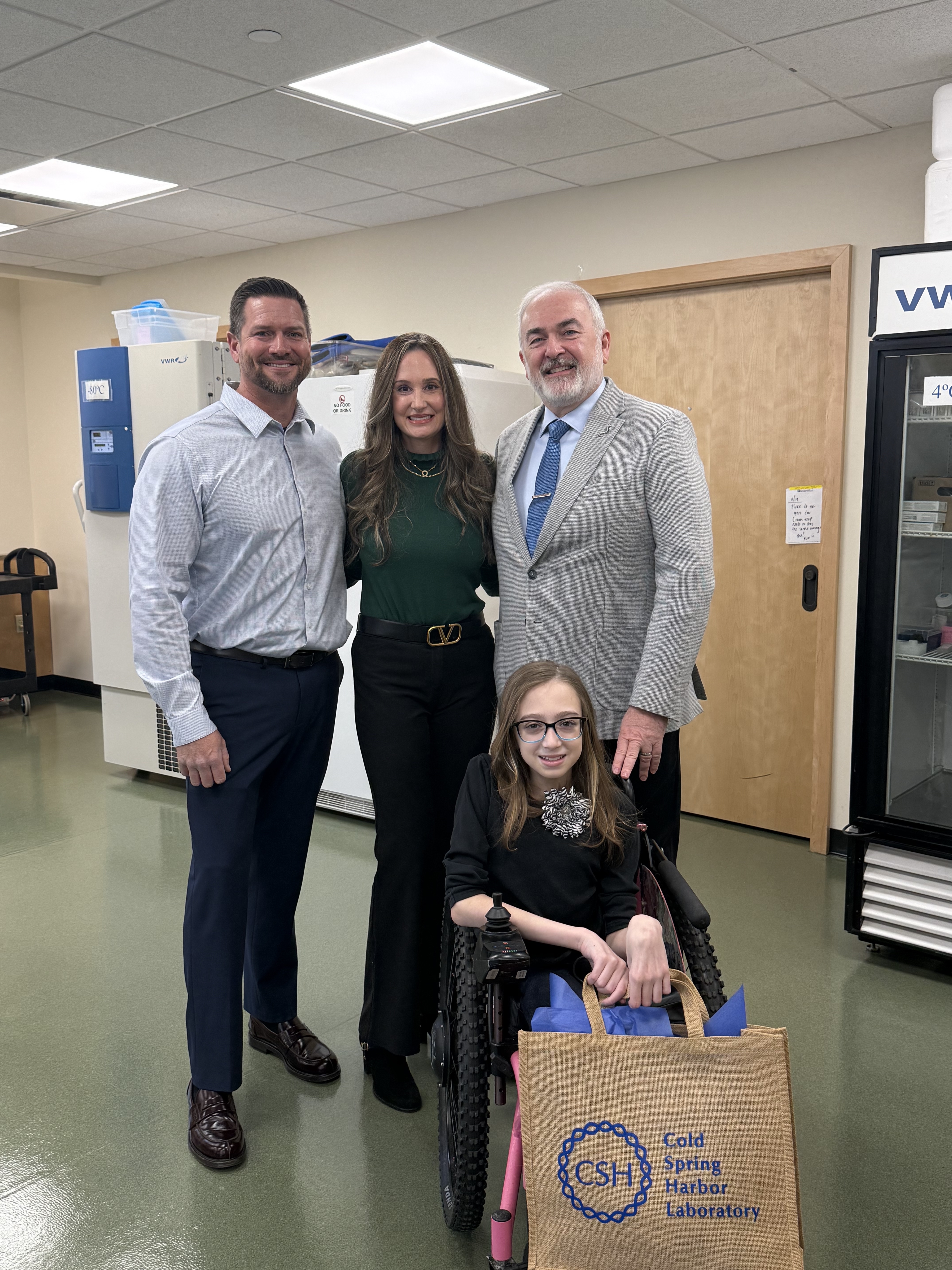 Matthew and Diane Larson were told their daughter Emma's life would be cut short from Spinal Muscular Atrophy. NIH funding allowed Dr. Adrian Kraimer, right, to develop the miracle drug that saved Emma's life.