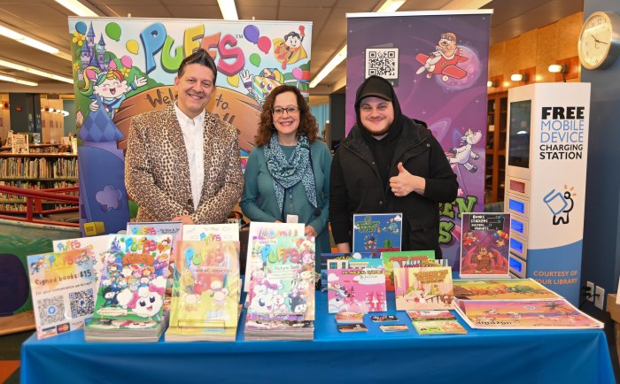 Local children's book author Joe Costa, Library Director of Middle Country Public Library Sophia Serlis-McPhillips and local children's book author and illustrator Jim Coccaro.