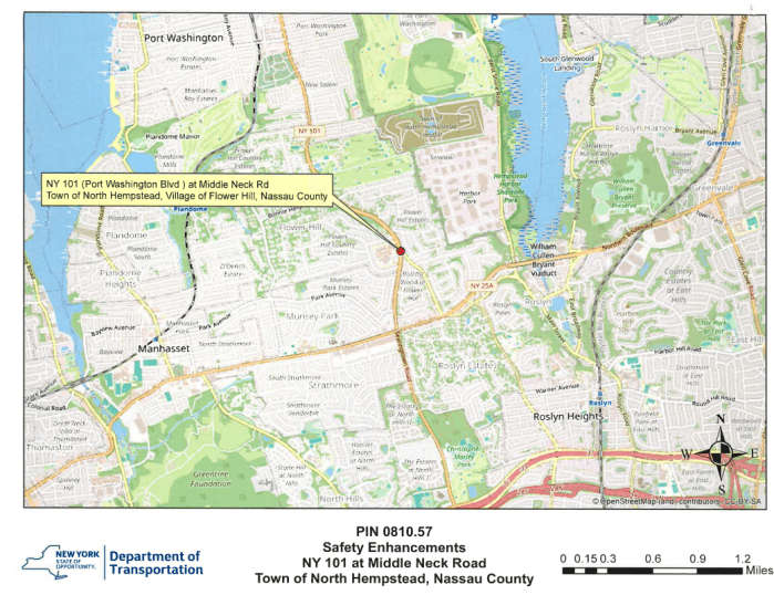 Map depicting the site where traffic safety improvements will go at the corner of Port Washington Boulevard and Middle Neck Road.