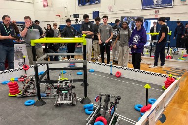 Students compete at the VEX V5 High Stakes Challenge at Roslyn High School