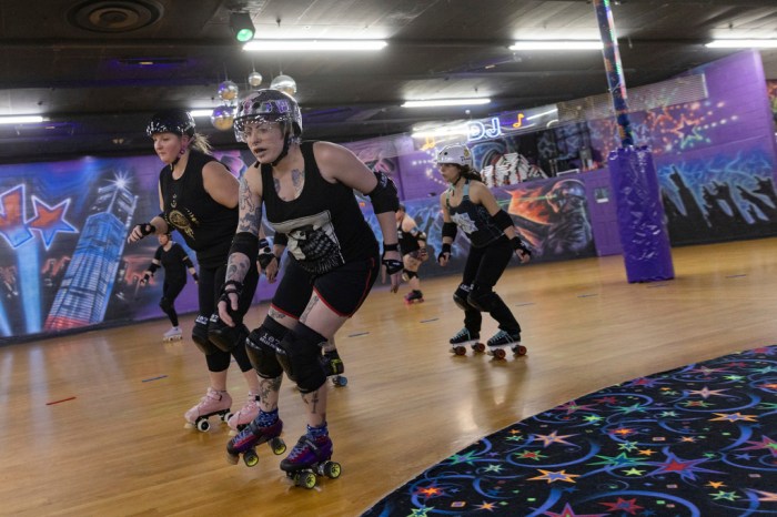 Members of the Long Island Roller Rebels, who have filed a lawsuit challenging Nassau County's law barring trans athletes from female sports