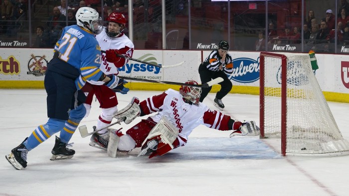  LIU Forward, Austin Brimmer scores goal against University of Wisconsin (William A. Miecuna)