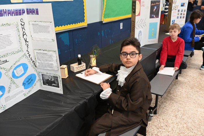 William Shakespeare at the fourth-grade wax museum event at Fork Lane Elementary School in Hicksville.