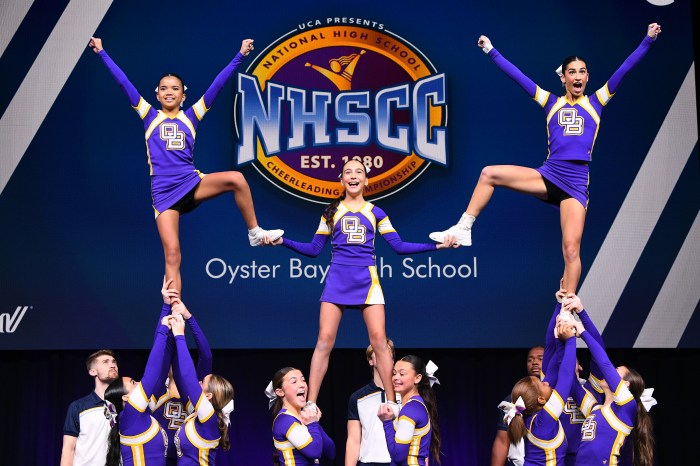 The Oyster Bay High School cheer team performs at the National High School Cheerleading Championship