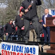 State Senator Mario Mattera speaking at the National Grid union's rally.