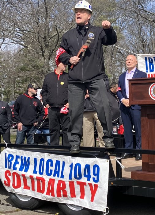 State Senator Mario Mattera speaking at the National Grid union's rally.