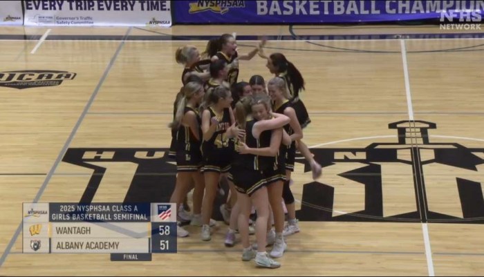 Screenshot from livestream of Wantagh High School varsity girls' basketball team playing at NYSPHSAA after winning Long Island title