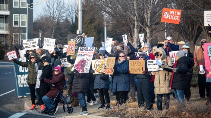 Hundreds of anti-Elon Musk protestors gather with signs and chants outside Westbury's Tesla dealership.