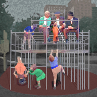 Roslyn artist Alan Richards' "Sunday in the Park with Georges" photomontage transposes children and older men onto a jungle gym into the neighborhood he grew up in.