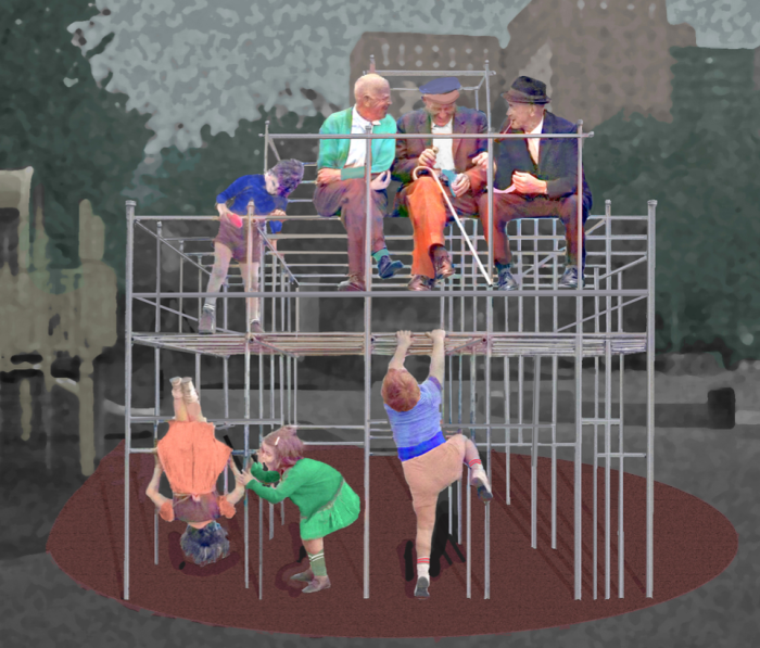 Roslyn artist Alan Richards' "Sunday in the Park with Georges" photomontage transposes children and older men onto a jungle gym into the neighborhood he grew up in.