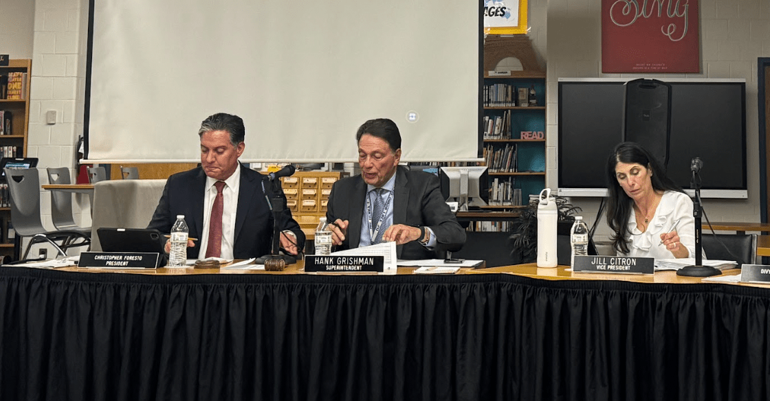 Board President Christopher Foresto, Superintendent Hank Grishman, Board Vice President Jill Citron (L. to R.)