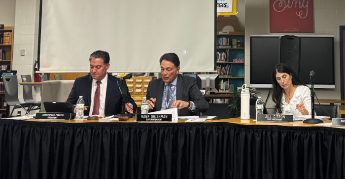 Board President Christopher Foresto, Superintendent Hank Grishman, Board Vice President Jill Citron (L. to R.)