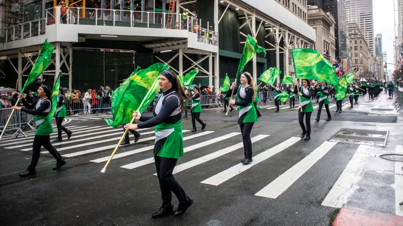 The color guard for Seaford High School twirled their flags high at the NYC St. Patrick's Day parade.