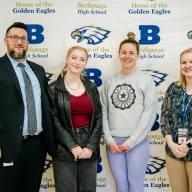 Director of Fine and Performing Arts Brent Chiarello, left, Hailey Hartmann, owner of Babylon CrossFit Trish Evangelista and Bethpage High School music teacher, Kristen Warnokowski, right